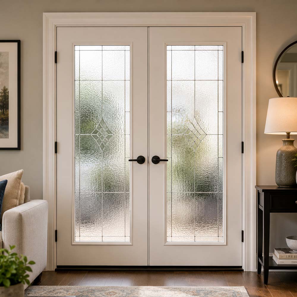 French doors with decorative or privacy glass
